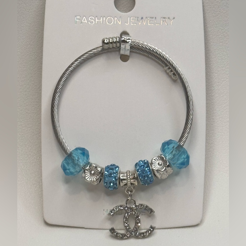 Fashion Jewelry Stainless Steel Blue Sparkling Charm Expandable Bracelet